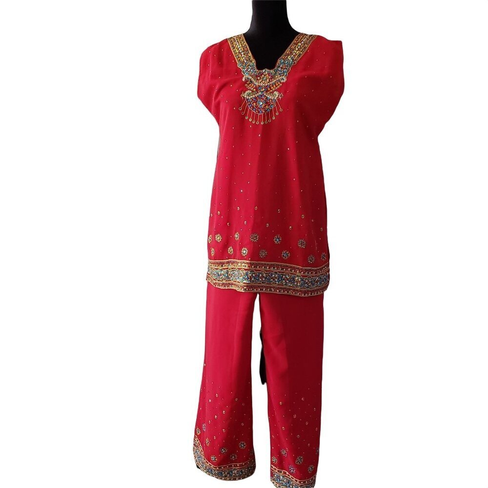 Red Ethnic Indian Tunic Top & Wide-Leg Pants Set Intricate Embroidery & Beading